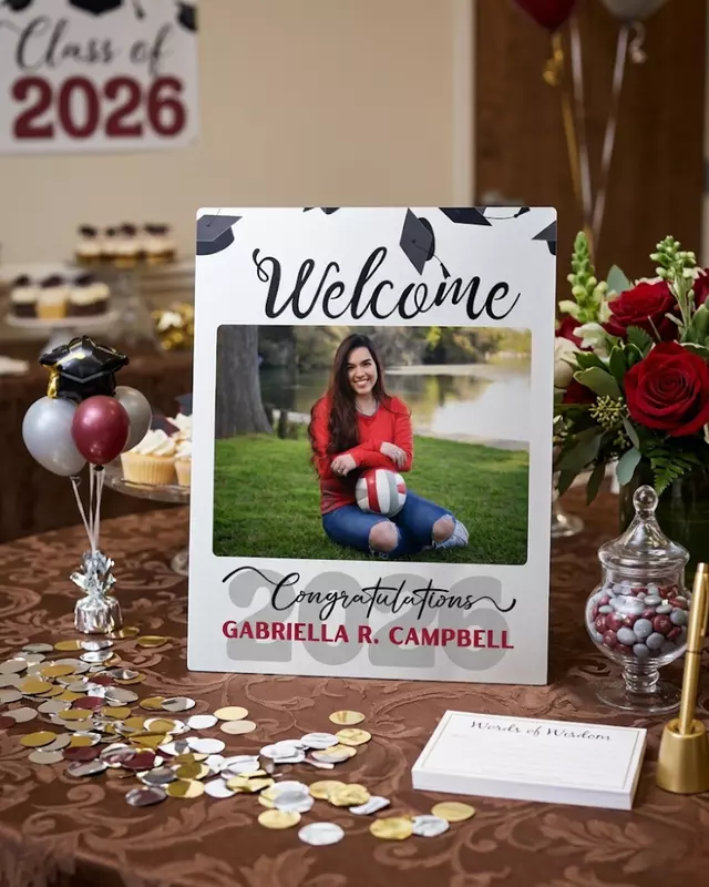 Summit Series Modern layout aluminum graduation sign displayed on party table