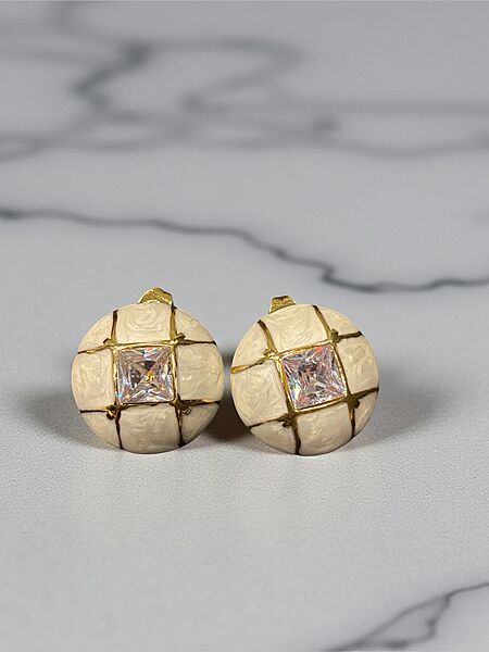 Modern Gold-Tone Button Earrings with Crystal