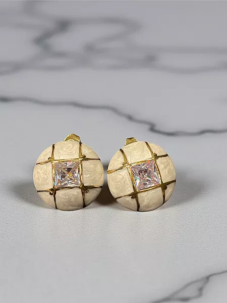 Modern Gold-Tone Button Earrings with Crystal