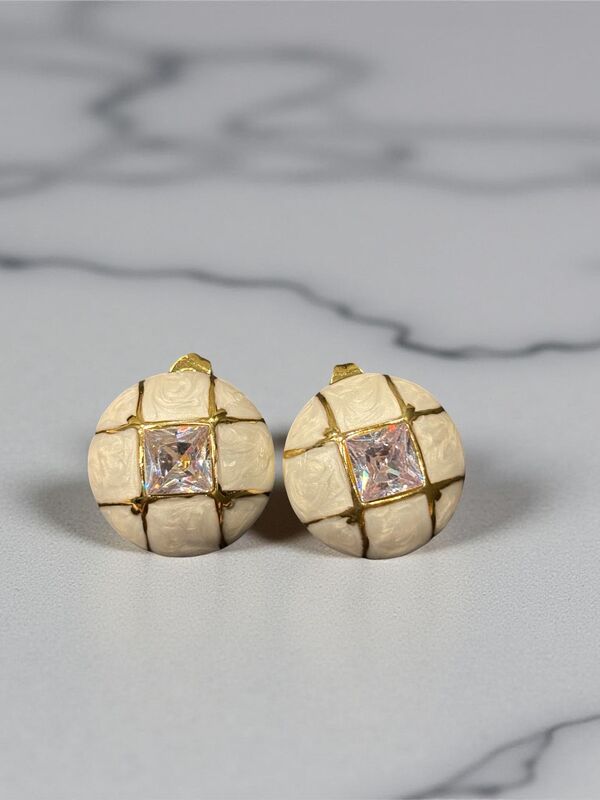 Modern Gold-Tone Button Earrings with Crystal