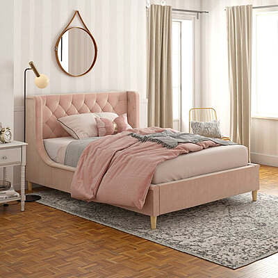 Pink Velvet Upholstered Bed with Wingback Tufted Headboard and Gold Legs