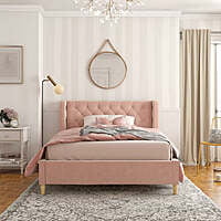 Pink Velvet Upholstered Bed with Wingback Tufted Headboard and Gold Legs Pink Velvet Upholstered Bed with Wingback Tufted Headboard and Gold Legs