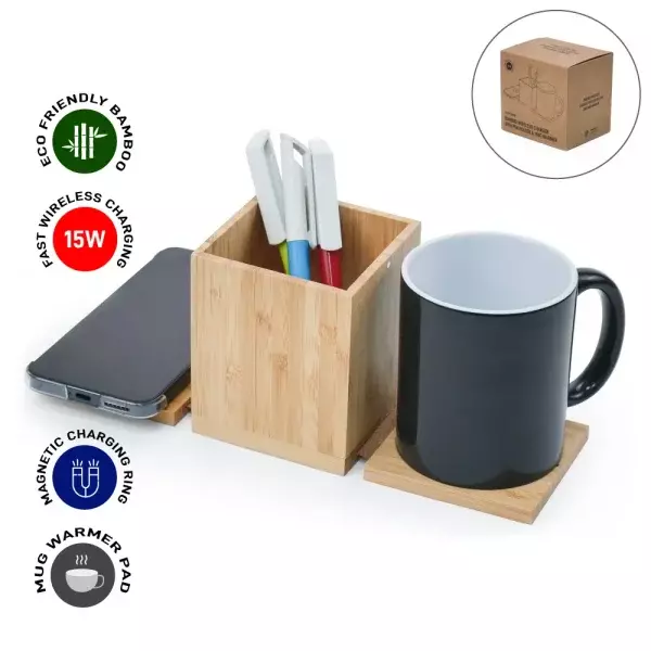 Foldable Fast Wireless Charging Pad 15W with Mug Warmer & Pen Holder