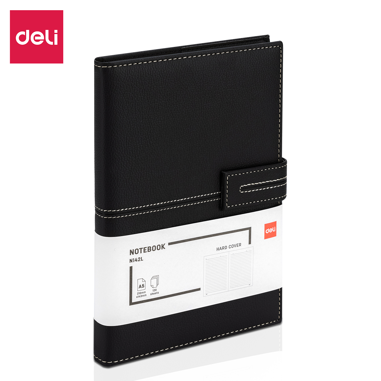 DELI N142L BUSINESS LEATHER COVER NOTEBOOK 80G 120SHTS A5 BLACK