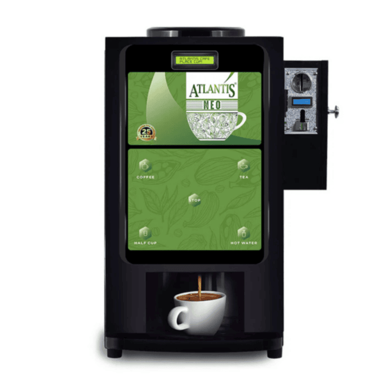 Front view of a professional Atlantis Neo coin-operated coffee and tea dispenser.