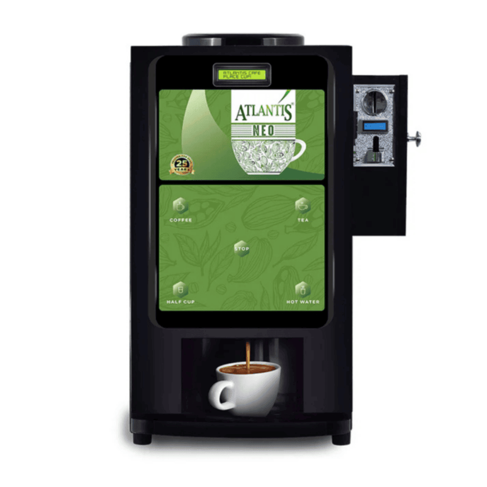 Front view of a professional Atlantis Neo coin-operated coffee and tea dispenser.