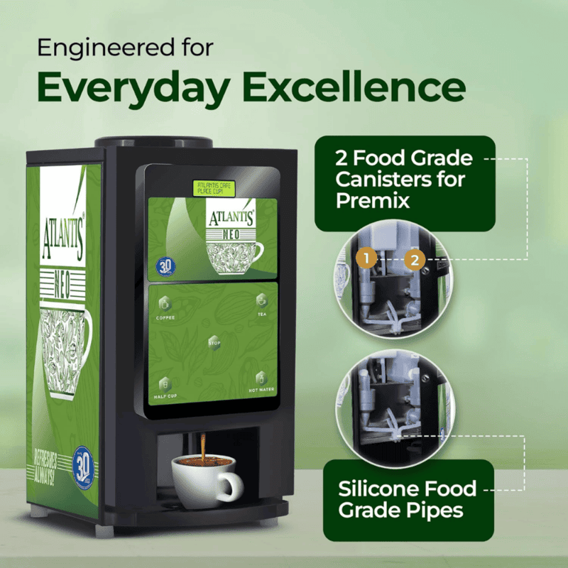 Close-up of the Atlantis Neo 2-lane coin-operated tea and coffee dispenser interface.