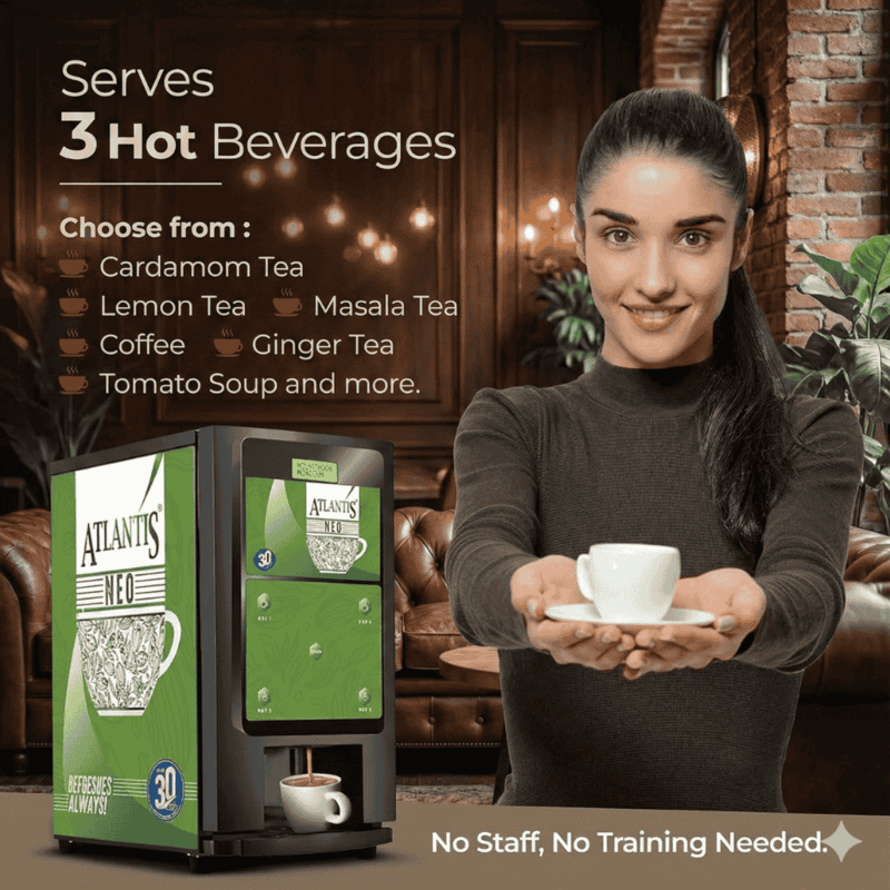 Atlantis Neo 3-lane tea and coffee machine designed for coin-based payments in offices.