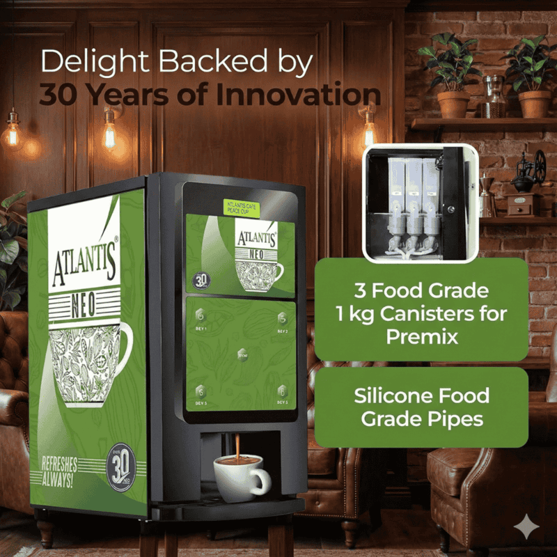 Automated Atlantis Neo-3 lane hot beverage vending machine dispensing fresh tea and coffee.