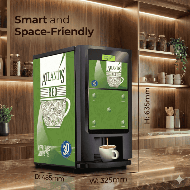 Compact Atlantis Neo coin-op vending machine serving tea and coffee through 3 lanes.
