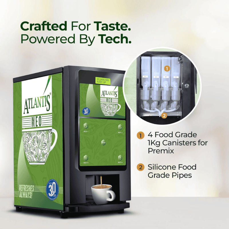 Atlantis Neo 4 lane vending machine dispensing a hot cup of coffee.