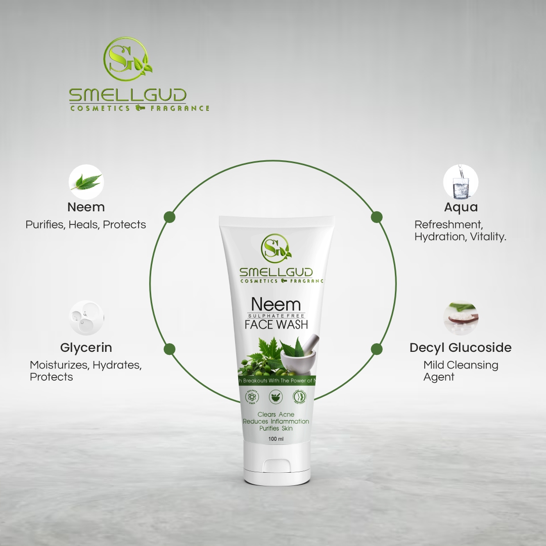 Smellgud cosmetics Ayurvedic Neem Face Wash | Gentle Face Wash for Acne | Face Wash for Acne Prone Skin | Anti-Acne Face Wash with Neem | Paraben & Sulphate-Free | Suitable for All Skin Types 100 Ml
