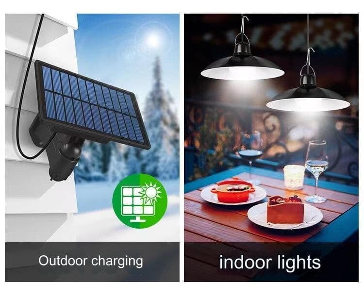 OUTDOOR/INDOOR SOLAR POWER STORAGE WITH TWO CHANDELIER WATER PROOF LIGHTS WITH SOLAR PANEL