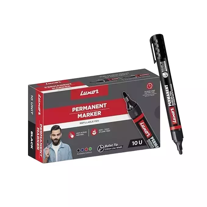 Luxor 1222 Refillable Permanent Bold Marker - Black  (Pack of 10)