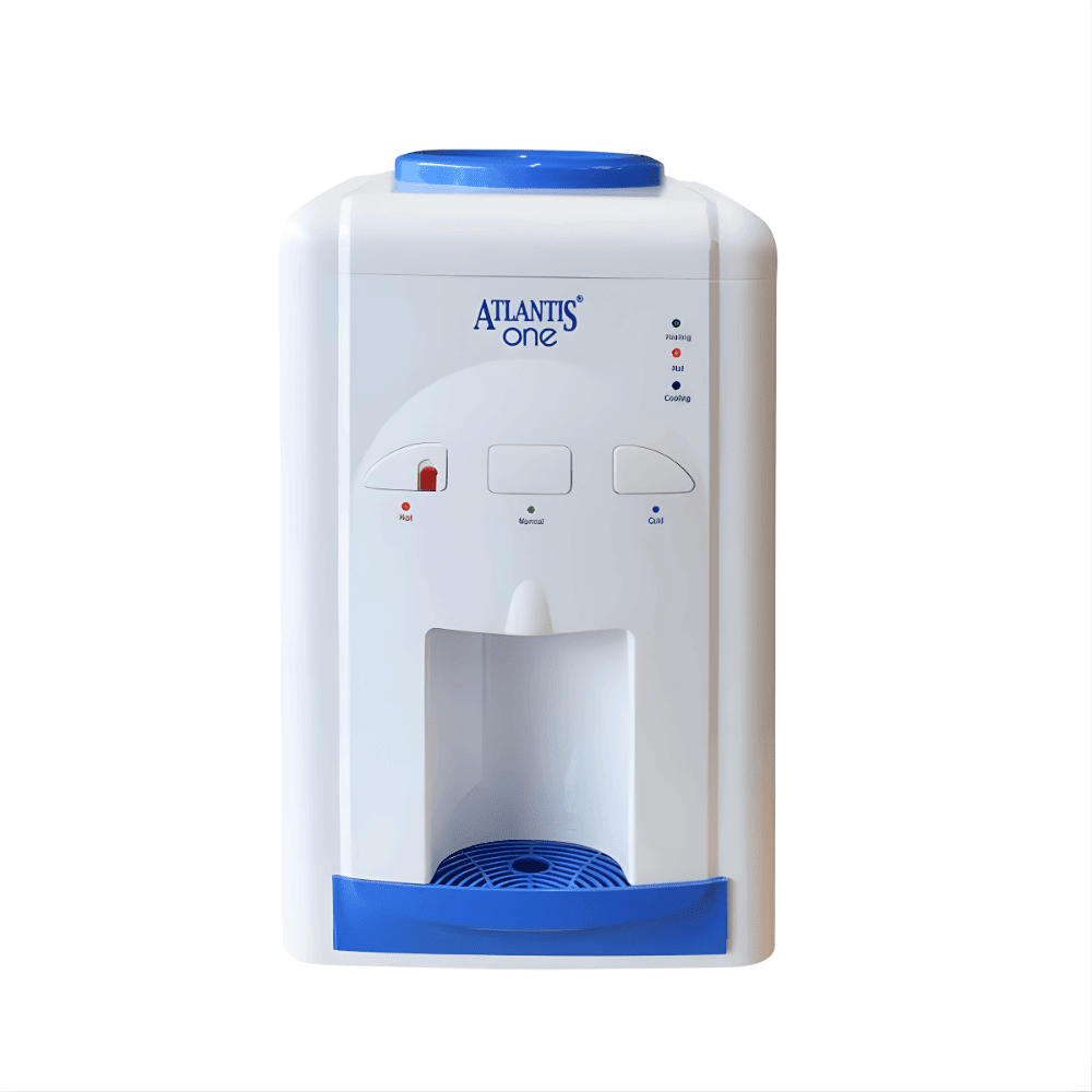 Front view of Atlantis One water dispenser with blue, white, and red color-coded faucets.