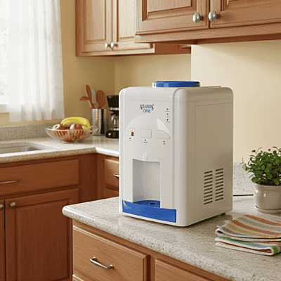 Atlantis One tabletop water dispenser in a modern kitchen.