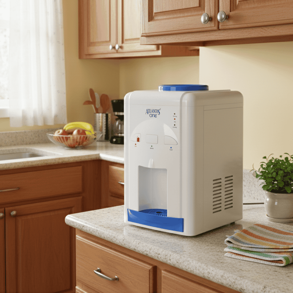Atlantis One tabletop water dispenser in a modern kitchen.