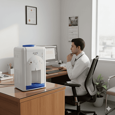 Atlantis One floor-standing water dispenser in sleek white featuring hot, cold, and ambient faucets.