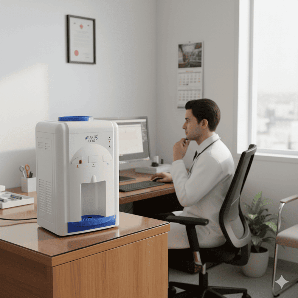 Atlantis One floor-standing water dispenser in sleek white featuring hot, cold, and ambient faucets.