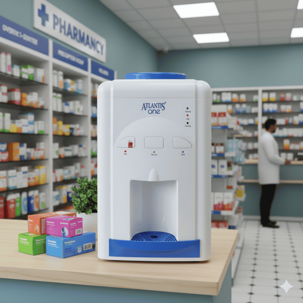 Sleek Atlantis One bottled water dispenser with a blue accent.