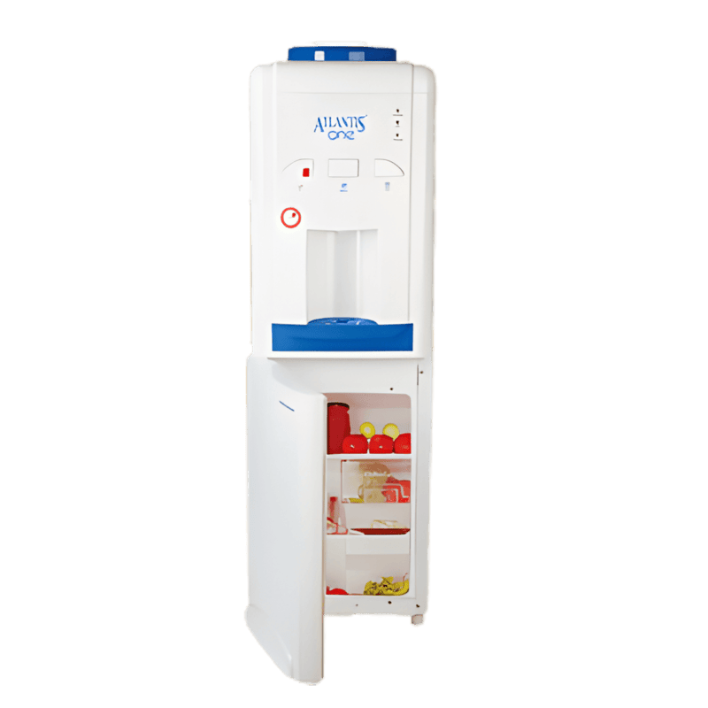 Front view of the Atlantis One floor standing water dispenser with three easy-to-use push taps.