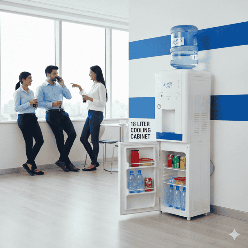 Modern Atlantis One HCN water dispenser showing the hot water safety lock and drip tray.