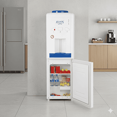 Atlantis One water dispenser standing upright against a wall in a modern office breakroom.