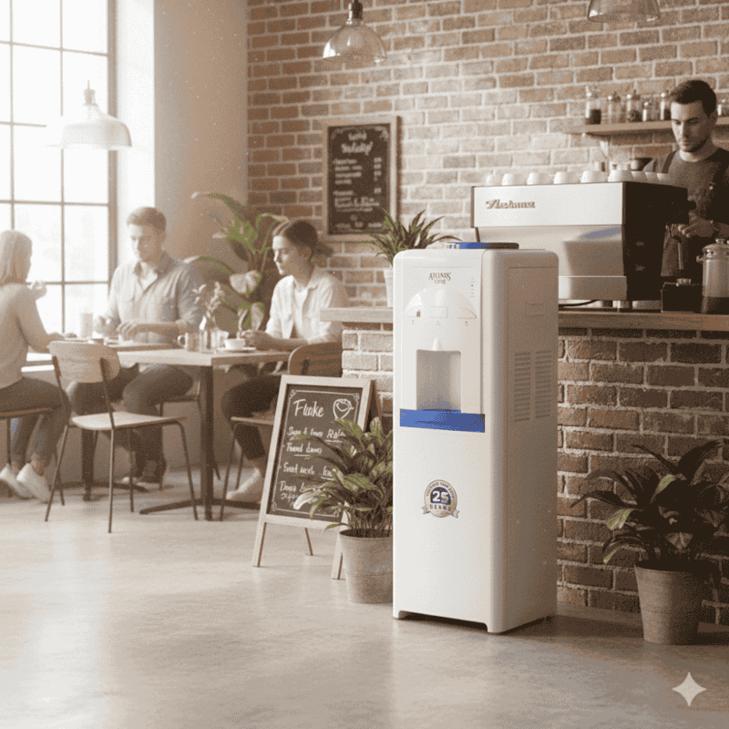 High-efficiency Atlantis One water dispenser standing next to a desk in a corporate lobby.
