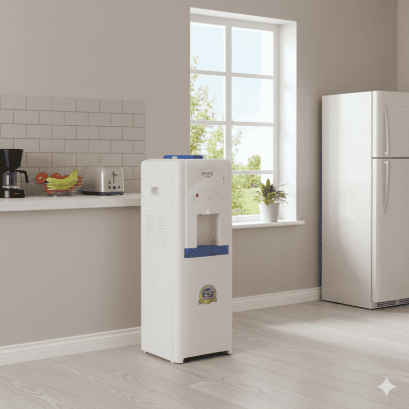 Atlantis One floor standing unit with a transparent top bottle for easy water level monitoring.