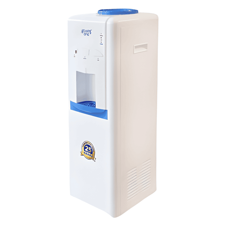 Stylish floor standing Atlantis One water dispenser with integrated cup holder for easy access.