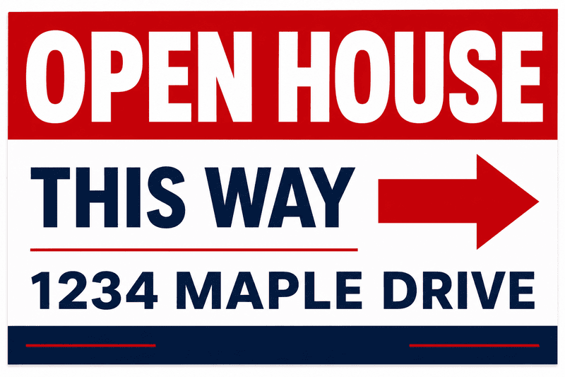 18"W x 12"h Custom OPEN HOUSE Directional Yard Sign