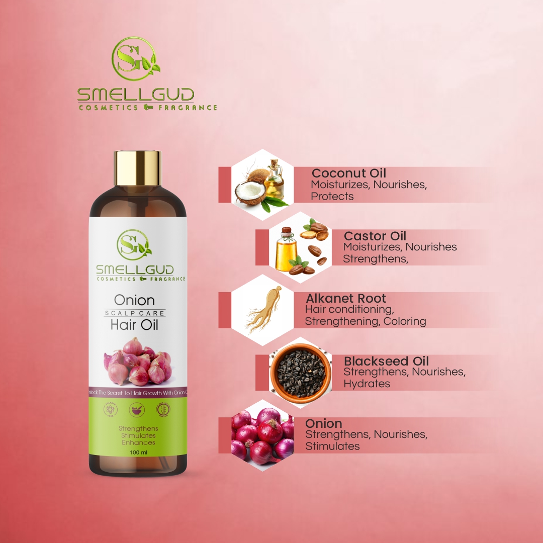 Smellgud Cosmetics Ayurvedic Red Onion Hair Oil with Black Seed Hair Nourishment for Men & Women - Onion Oil for Hair Growth & Hair Fall 100 Ml