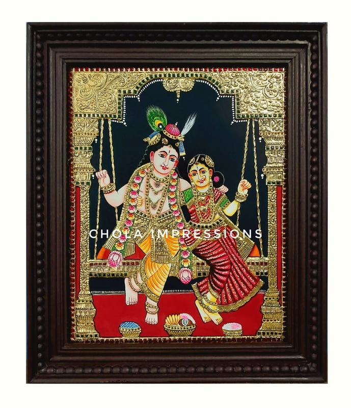 Tradtional Style Radha Krishna on Swing Tanjore Painting - Medium to Big sizes Tradtional Style Radha Krishna on Swing Tanjore Painting - Medium to Big sizes