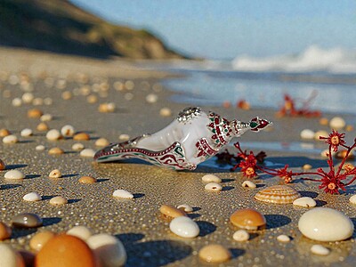 Shell Pendant with Silver, Red, and Teal Accents