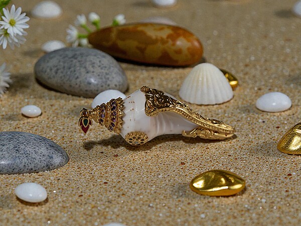 Shell Pendant with Gold Accents, Fire Insignia clasp, and Multicolor Gemstones