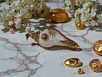 Shell Pendant with Gold Accents, Fire Insignia clasp, and Multicolor Gemstones