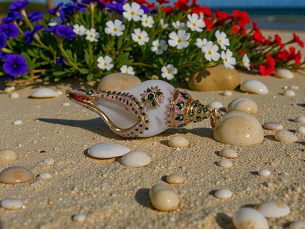 Shell Pendant with Gold, Pink, and Green Accents