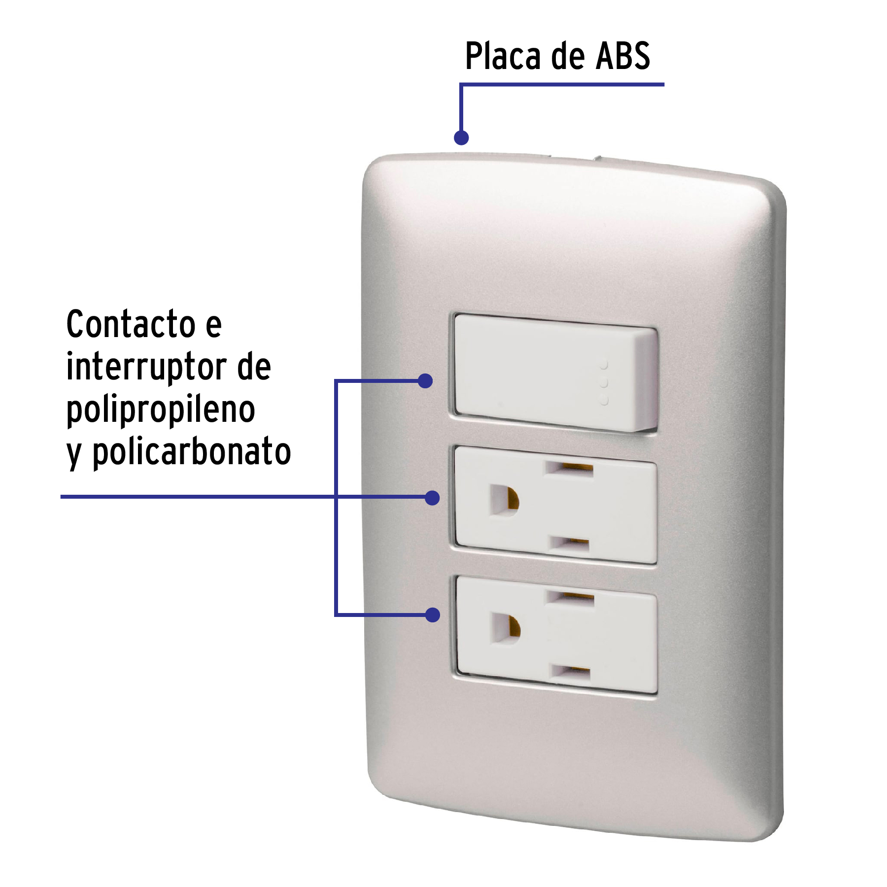Placa armada 2 contactos e interruptor,plata, línea Italiana - PA-APCO-I3P / 46475