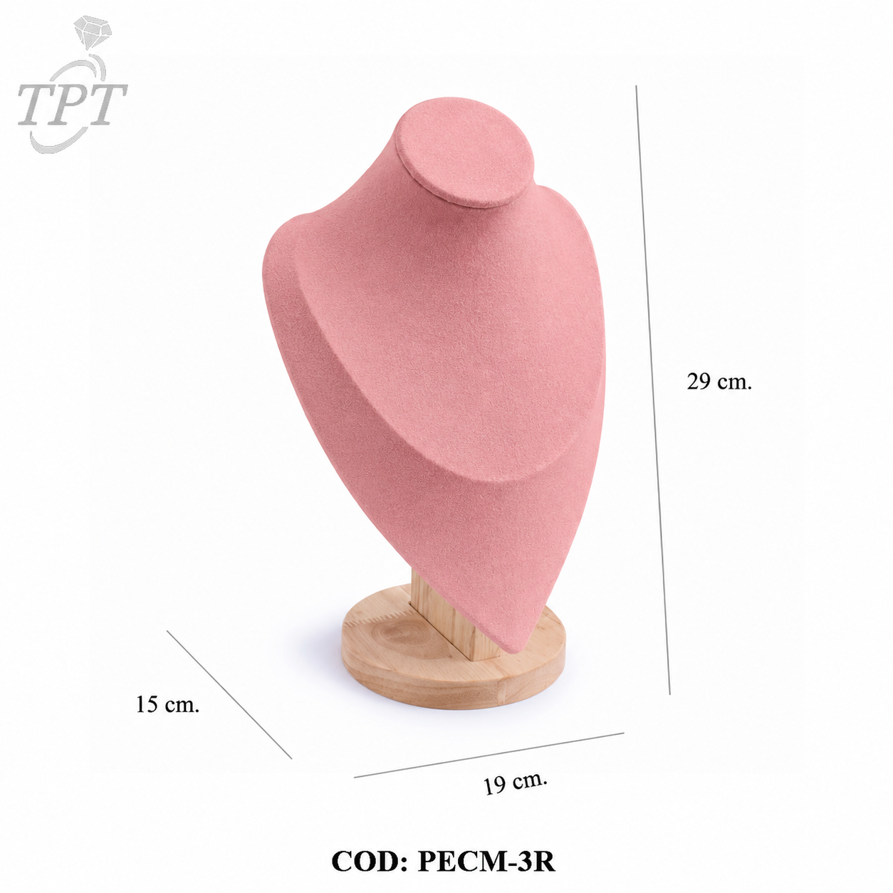 EXHIBIDOR PECHERA MEDIDA 3 CON BASE DE MADERA ROSA - (NLQ98)