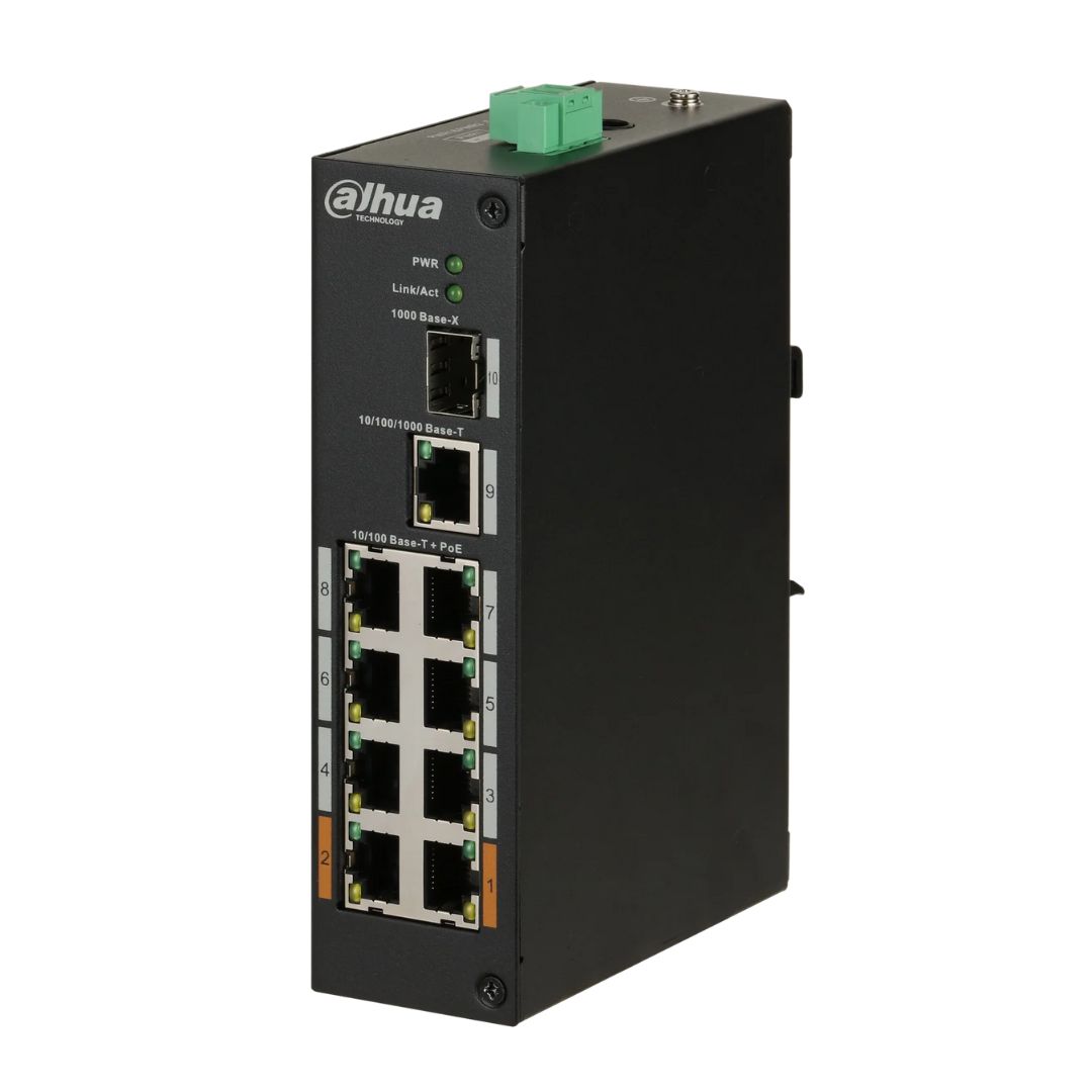 Dahua 10-Port 8 PoE Unmanaged Switch 90W, Hardened, DIN Mount