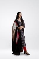 Double IKKAT Cotton Salwar Set/Black-White-Red/Slitted Top -Pencil Pant-IKKAT Dupatta