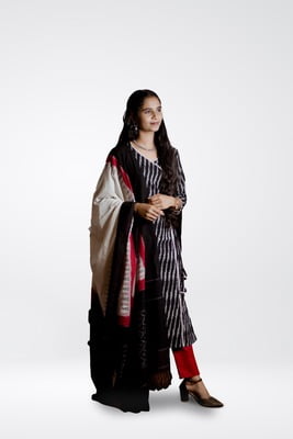 Double IKKAT Cotton Salwar Set/Black-White-Red/Slitted Top -Pencil Pant-IKKAT Dupatta