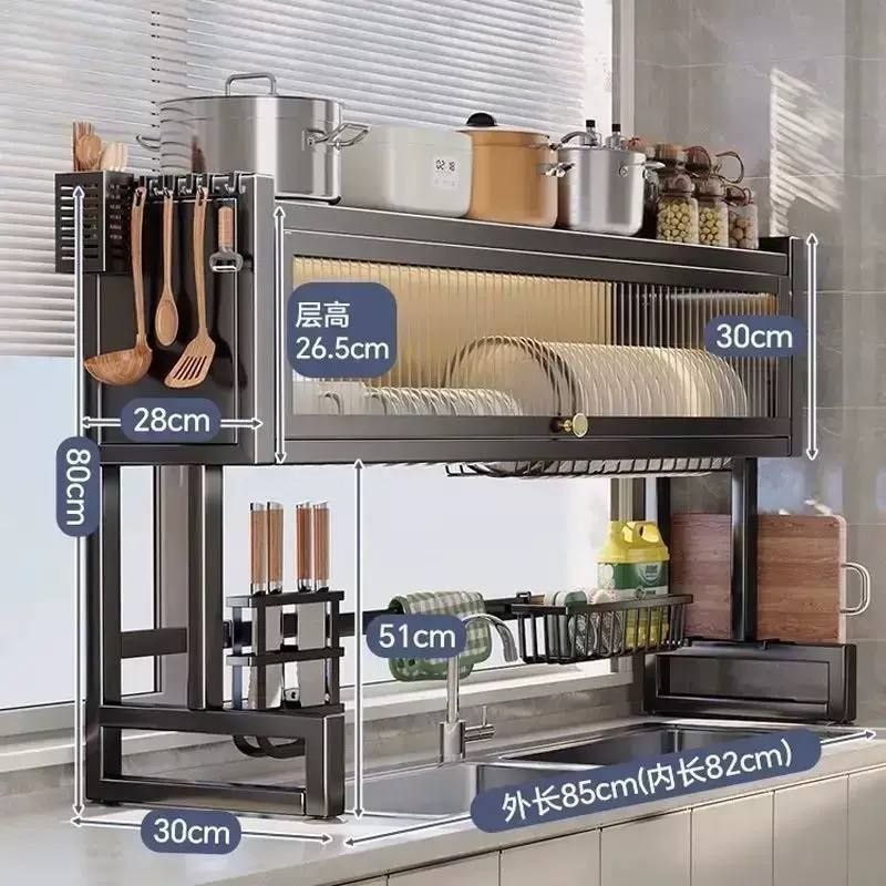 85CM OVER THE SINK COVERED PLATE RACK/ DISH DRAINER WITH UTENSILS RACKS & CUTLERIES STORAGE