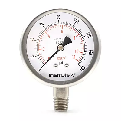 Manometro con Glicerina Caratula 2-1/2", Caja de Acero Inoxidable Toma Inferior 1/4" NPT, Rango 0-160PSI - PLF2598L06