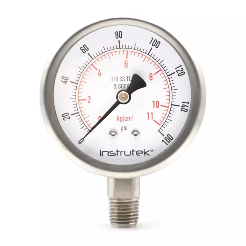 Manometro con Glicerina Caratula 2-1/2", Caja de Acero Inoxidable Toma Inferior 1/4" NPT, Rango 0-160PSI - PLF2598L06