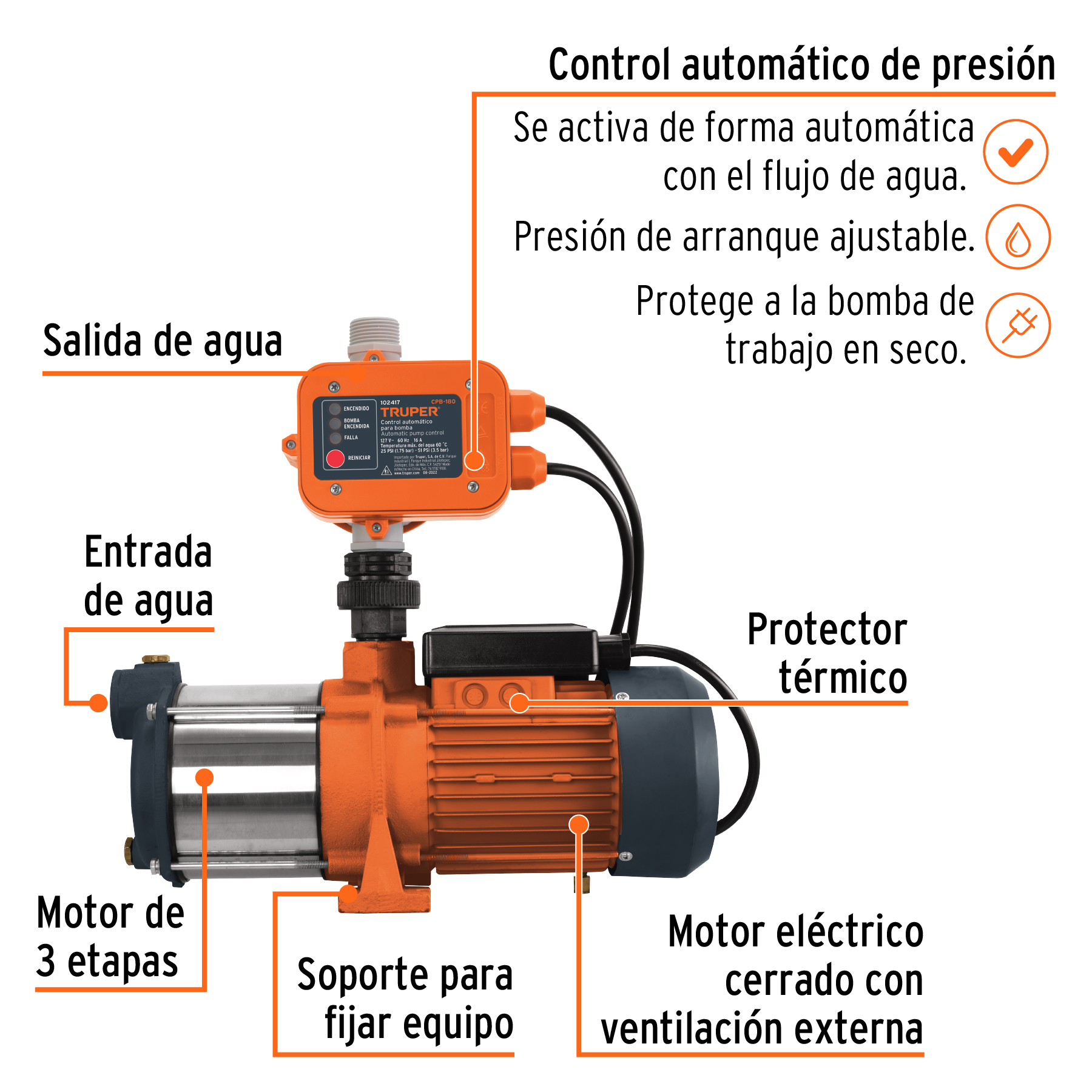Bomba presurizadora multietapas 1 HP con control, Truper - 102386 - PREM-1 - Caja con 1 Pieza – Master 0