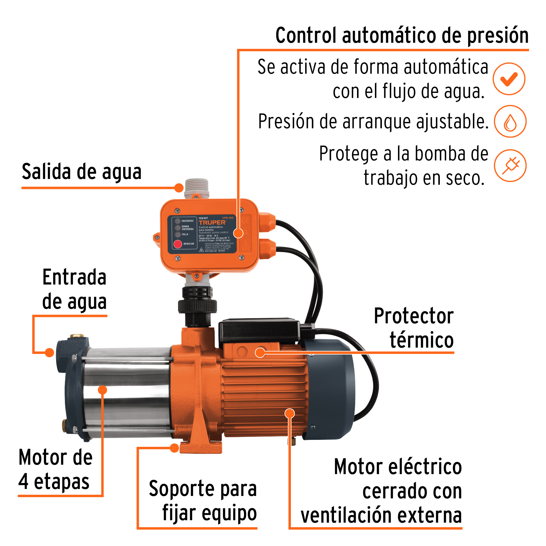Bomba presurizadora multietapas 1 1/3 HP con control, Truper - 102387 - PREM-1 1/3 - Caja con 1 Pieza – Master 0