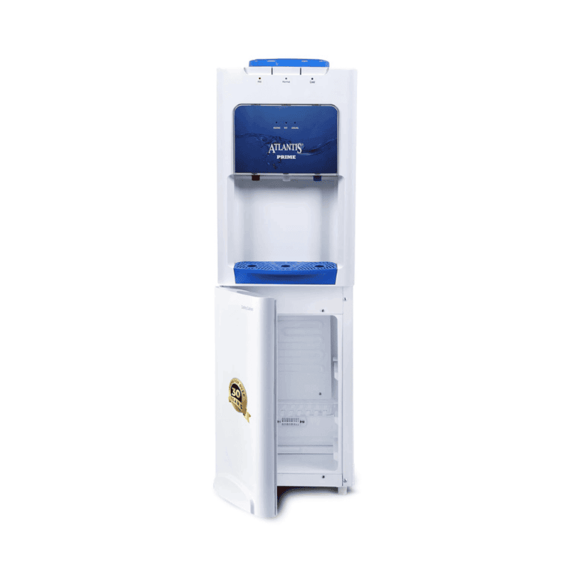 Front view of Atlantis Prime HCN water dispenser featuring three push-button taps.