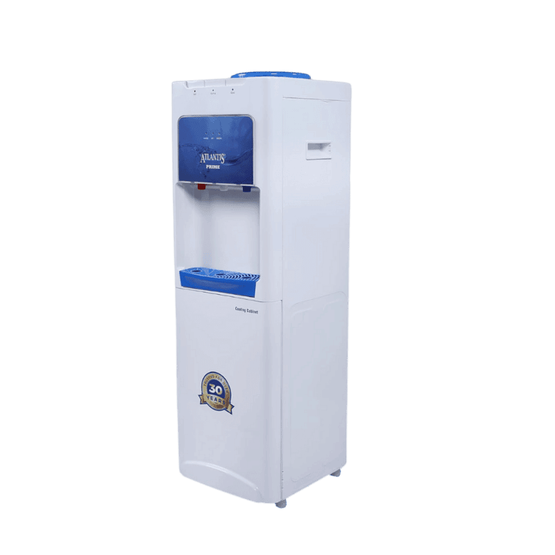 Sleek silver Atlantis Prime floor-standing water cooler with a bottom storage cabinet.