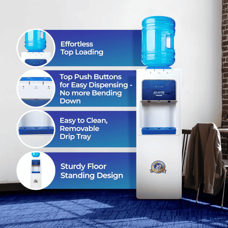Atlantis Prime bottled water dispenser with dual temperature controls and safety lock features.